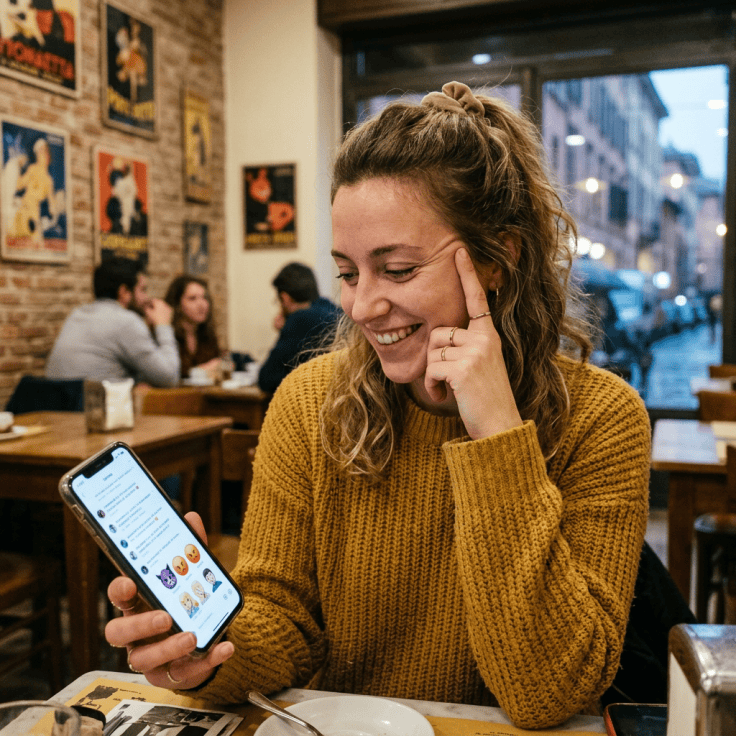 Smiling woman showing a phone with messages in a café