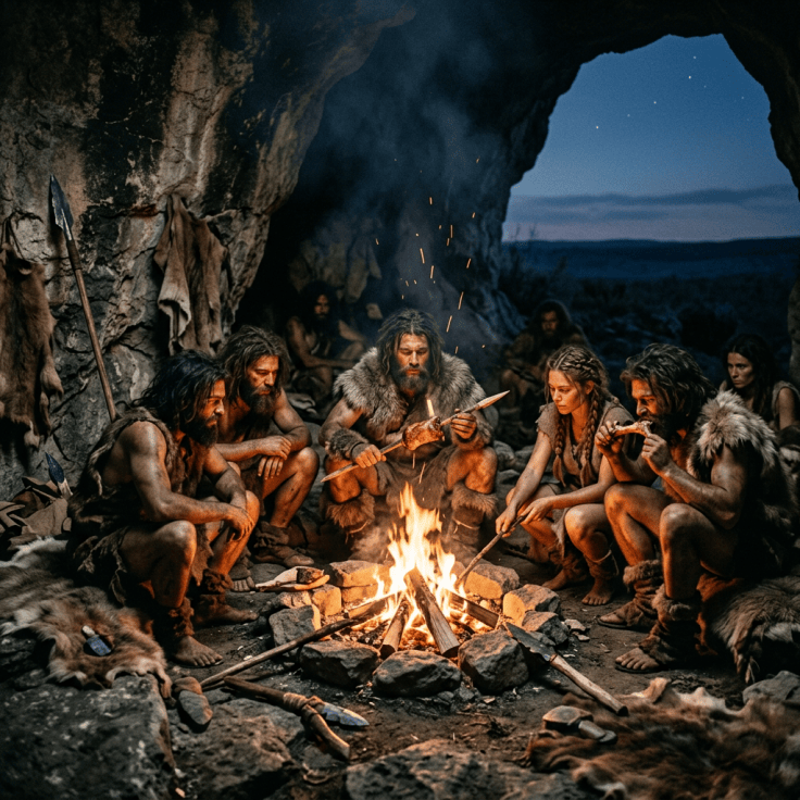 Prehistoric people gather around a fire inside a cave at dusk