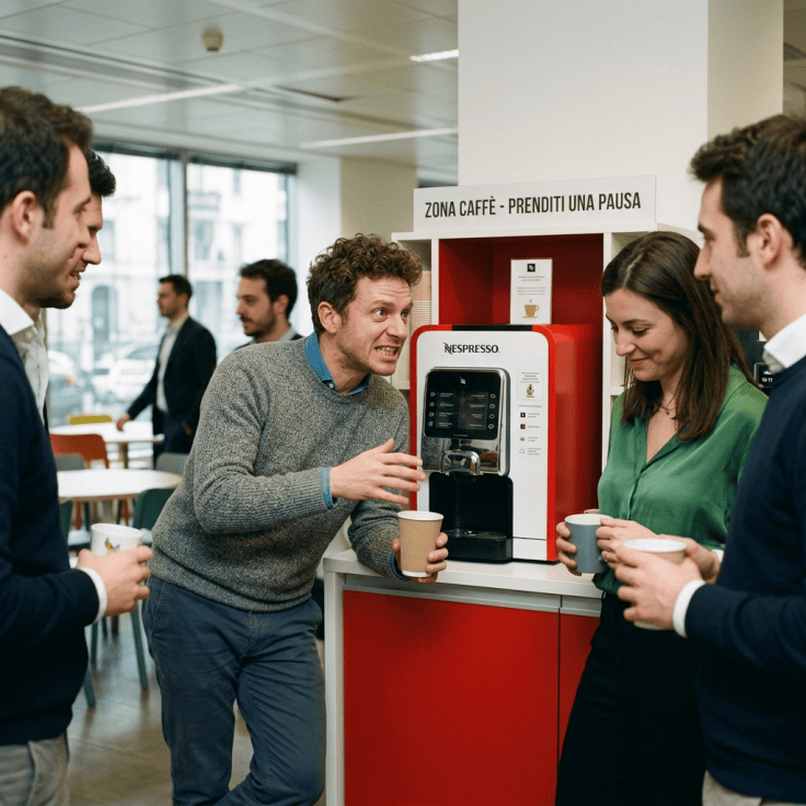 Colleagues holding coffee cups beside a Nespresso machine under a café break sign